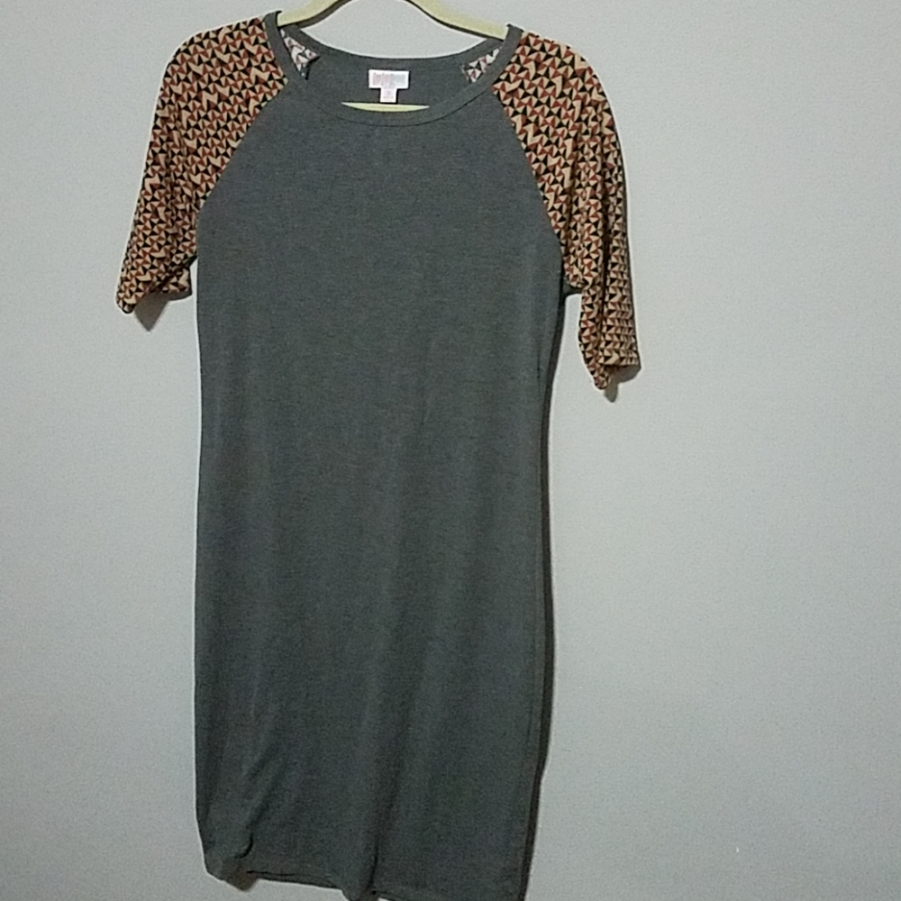Lularoe Julie Style Gray with Tan Triangle Sleeves